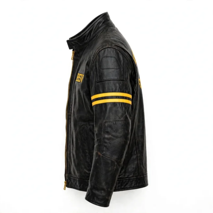 HSV Leather Jacket side view, black leather jacket