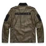 Hummer Leather Jacket back view, olive-drab with black military-style trim field jacket