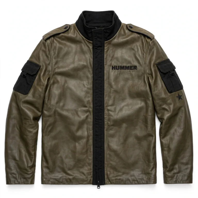 Hummer Leather Jacket front view, olive-drab with black military-style trim field jacket