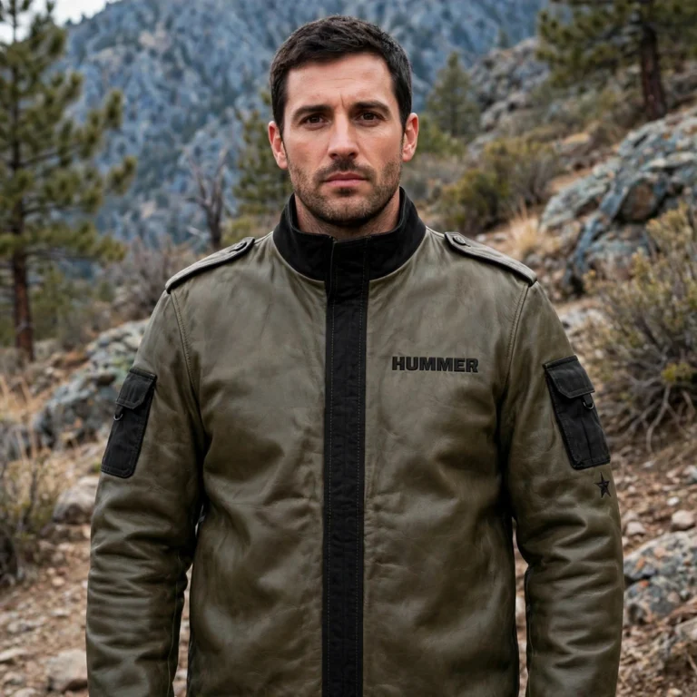 Model wearing the Hummer Leather Jacket, olive-drab with black military-style trim field jacket