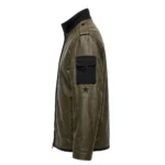Hummer Leather Jacket side view, olive-drab with black military-style trim field jacket