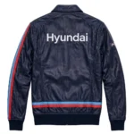 Hyundai Leather Jacket back view, dark navy with light-blue and red rally stripes racer jacket