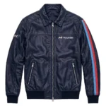 Hyundai Leather Jacket front view, dark navy with light-blue and red rally stripes racer jacket