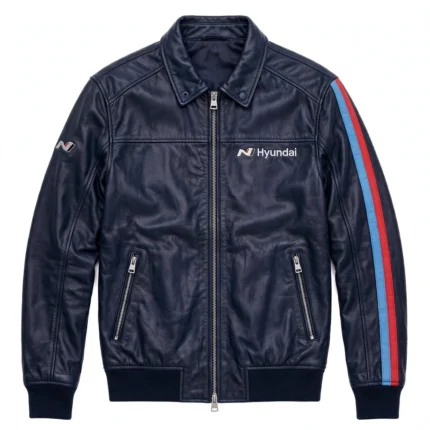 Hyundai Leather Jacket front view, dark navy with light-blue and red rally stripes racer jacket