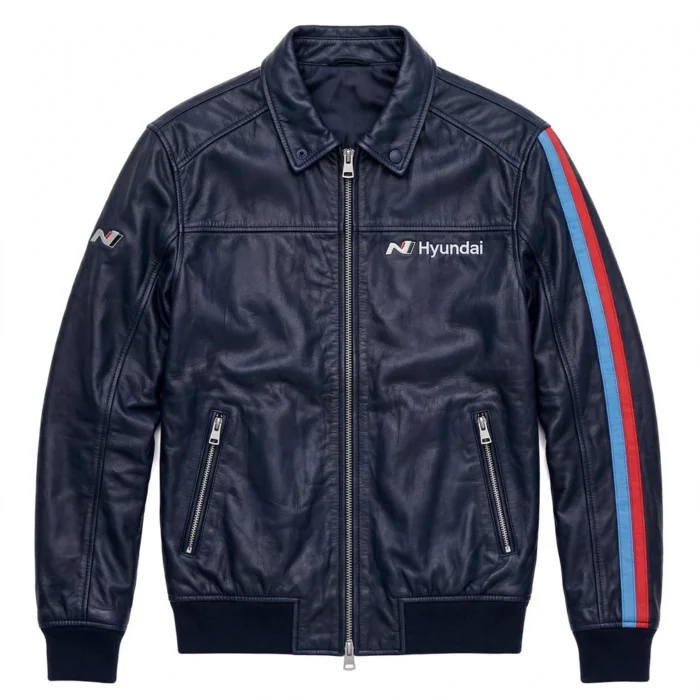 Hyundai Leather Jacket | WRC Rally Racer | Blackstone Jackets - Front View Hyundai Leather Jacket front view, dark navy with light-blue and red rally stripes racer jacket
