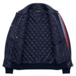 Hyundai Leather Jacket inner lining view, quilted dark navy satin lining