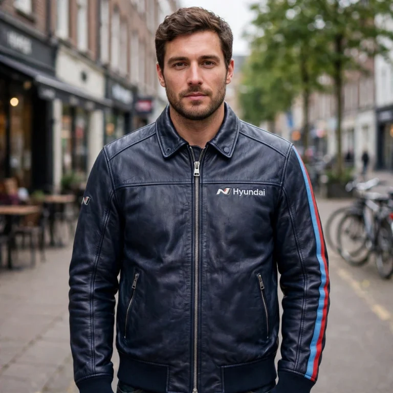 Model wearing the Hyundai Leather Jacket, dark navy with light-blue and red rally stripes racer jacket
