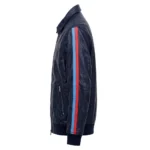 Hyundai Leather Jacket side view, dark navy with light-blue and red rally stripes racer jacket