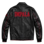 Impala Leather Jacket back view, black with cherry-red accents cruiser jacket