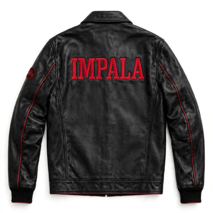 Impala Leather Jacket back view, black with cherry-red accents cruiser jacket