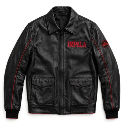 Impala Leather Jacket front view, black with cherry-red accents cruiser jacket
