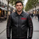 Model wearing the Impala Leather Jacket, black with cherry-red accents cruiser jacket