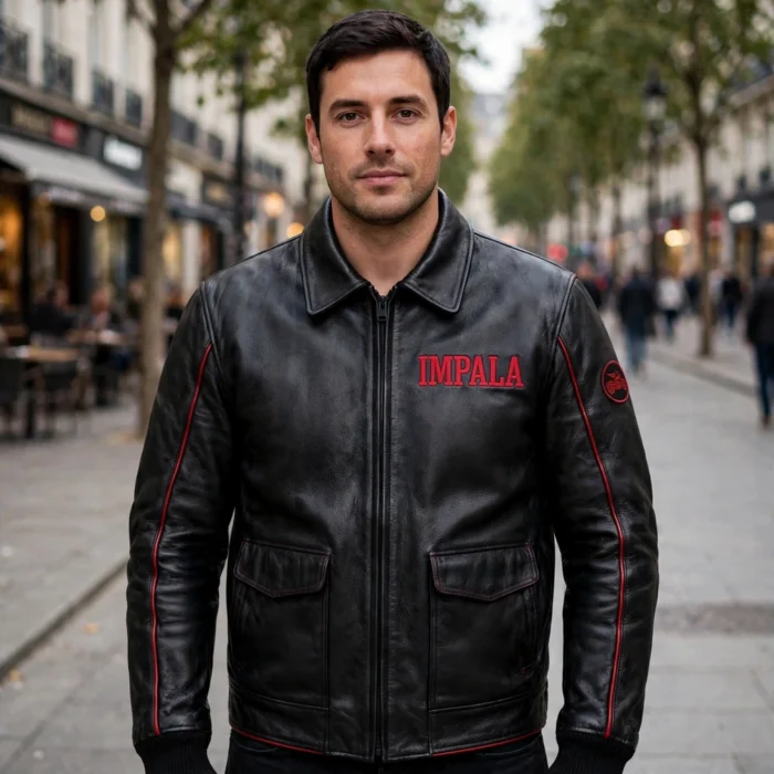 Model wearing the Impala Leather Jacket, black with cherry-red accents cruiser jacket