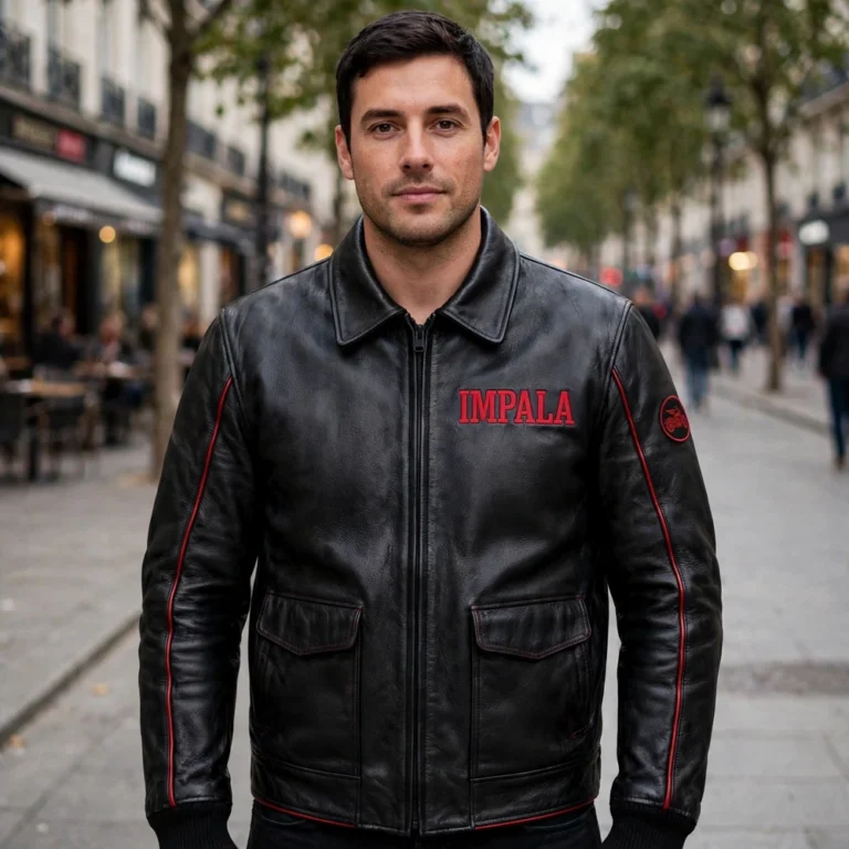 Model wearing the Impala Leather Jacket, black with cherry-red accents cruiser jacket