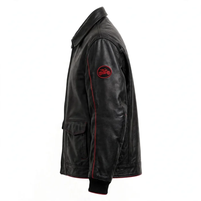 Impala Leather Jacket side view, black with cherry-red accents cruiser jacket