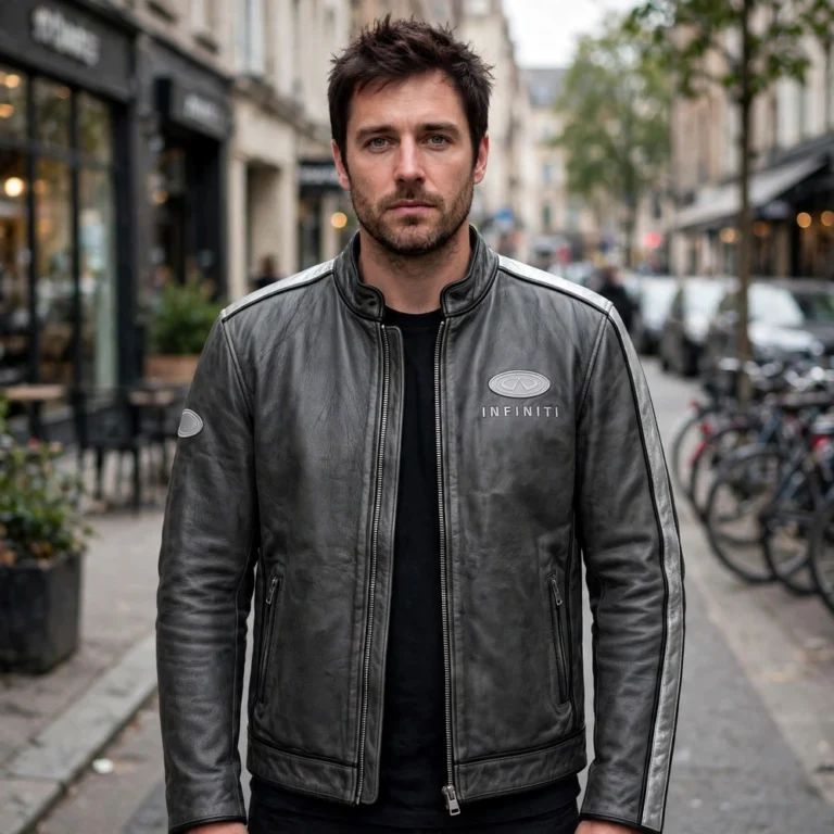 Model wearing the Infiniti Leather Jacket, dark grey with silver panels and black trim racer jacket