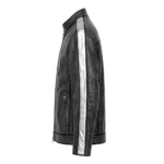 Infiniti Leather Jacket side view, dark grey with silver panels and black trim racer jacket
