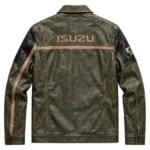 Isuzu Leather Jacket back view, olive green with black panels and sand trim trucker jacket