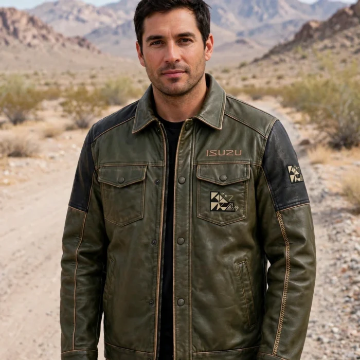 Model wearing the Isuzu Leather Jacket, olive green with black panels and sand trim trucker jacket