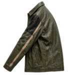 Isuzu Leather Jacket side view, olive green with black panels and sand trim trucker jacket