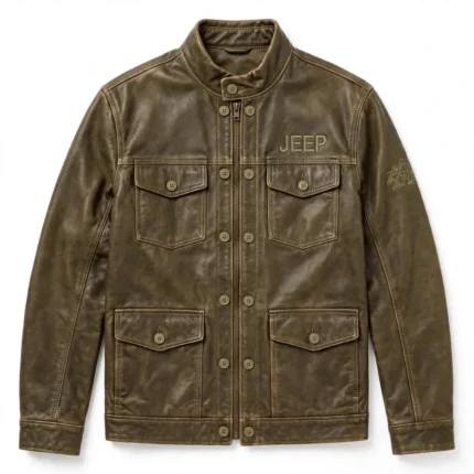 Jeep Leather Jacket front view, olive-brown with khaki stitching trucker jacket