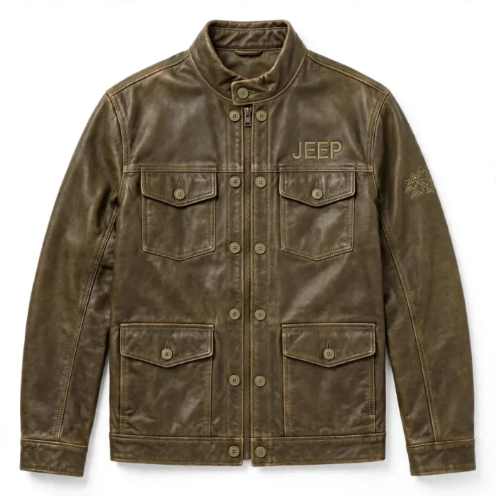 Jeep Leather Jacket front view, olive-brown with khaki stitching trucker jacket