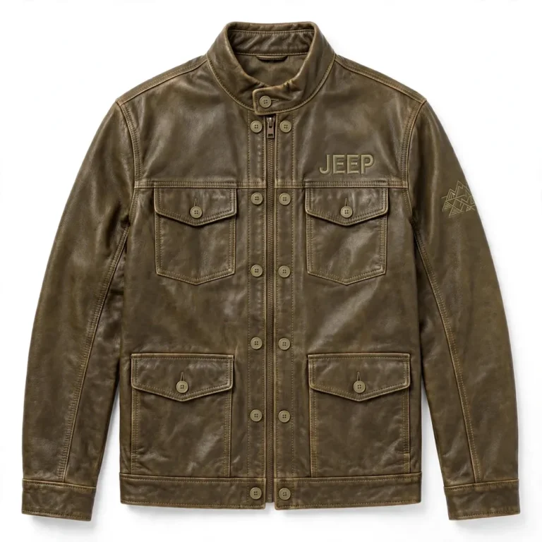 Jeep Leather Jacket front view, olive-brown with khaki stitching trucker jacket