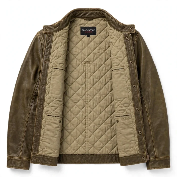 Jeep Leather Jacket inner lining view, khaki quilted cotton lining