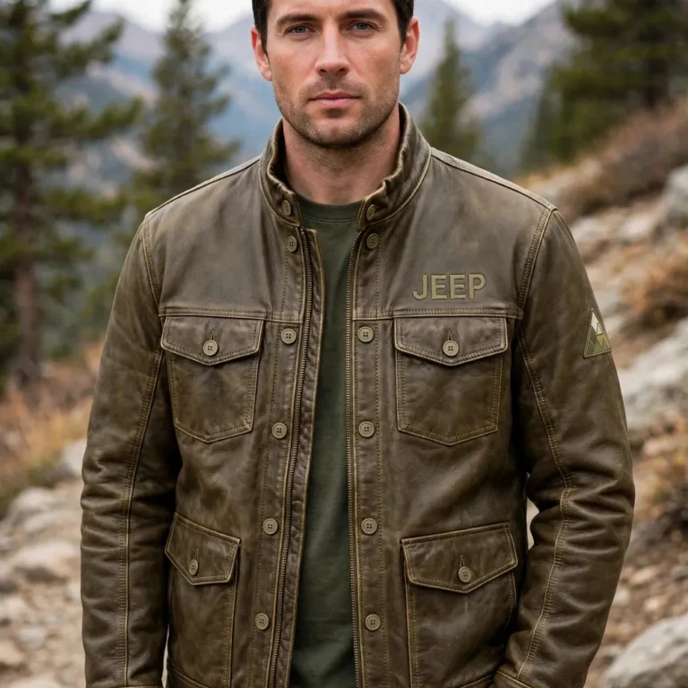 Model wearing the Jeep Leather Jacket, olive-brown with khaki stitching trucker jacket