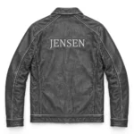 Jensen Leather Jacket back view, charcoal grey with silver trim leather, JENSEN lettering in silver across the upper back