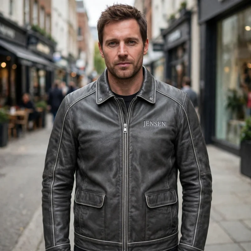 Man wearing the Jensen Leather Jacket outdoors, front-facing, showing the grand tourer jacket and chest embroidery
