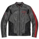 Kia Stinger Leather Jacket front view, charcoal grey with red accents and black panels racer jacket