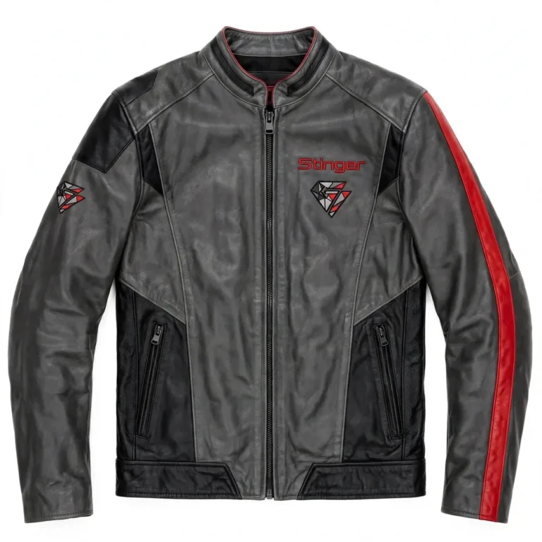 Kia Stinger Leather Jacket front view, charcoal grey with red accents and black panels racer jacket