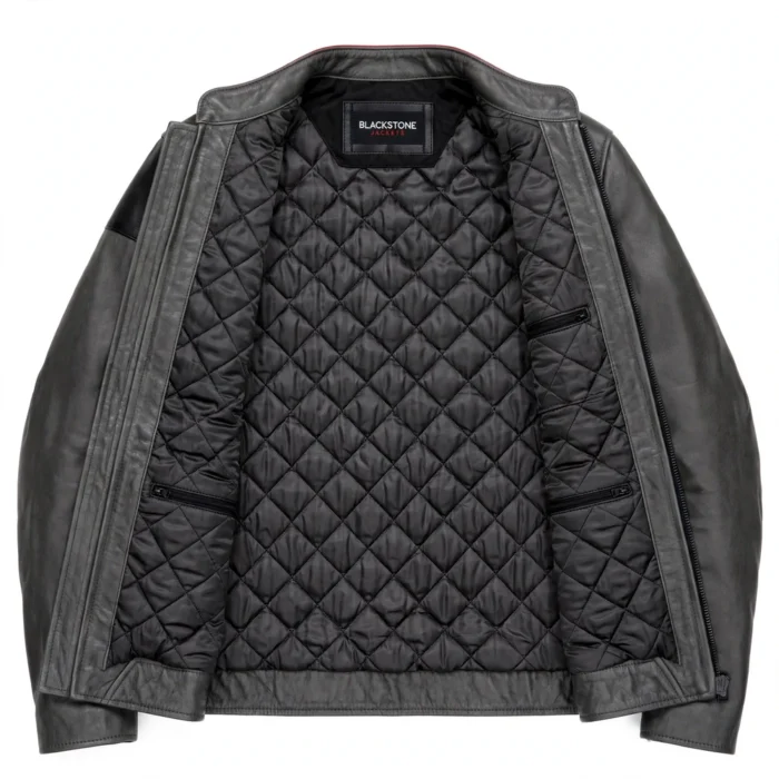 Kia Stinger Leather Jacket inner lining view, quilted charcoal satin lining