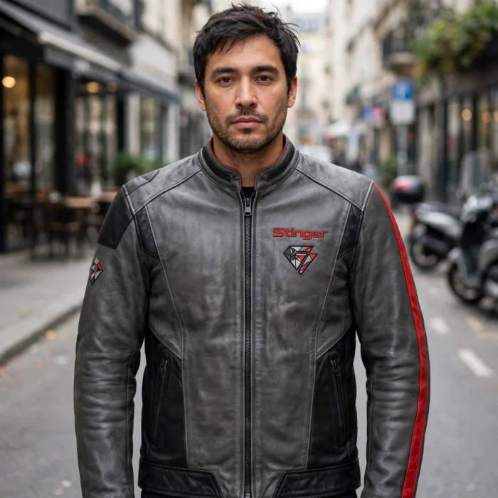 Model wearing the Kia Stinger Leather Jacket, charcoal grey with red accents and black panels racer jacket