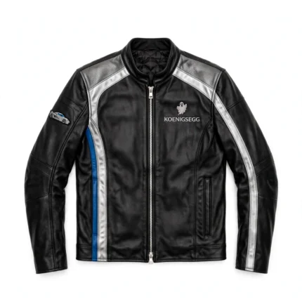 Koenigsegg Leather Jacket front view, jet black with silver-grey panels hypercar racer jacket