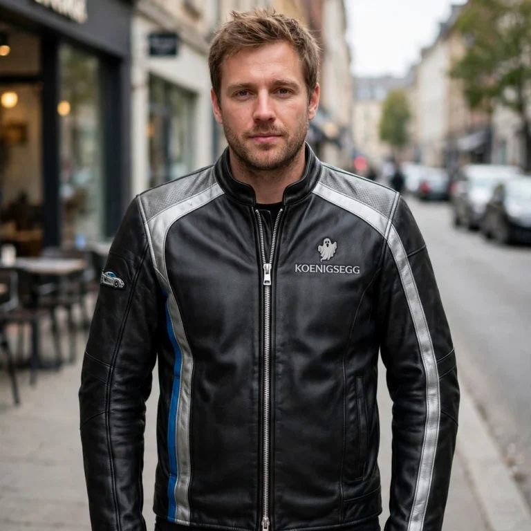 Model wearing the Koenigsegg Leather Jacket, jet black with silver-grey panels hypercar racer jacket