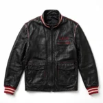Lada Leather Jacket front view, black leather jacket with red 'lada' wordmark embroidered on the left chest