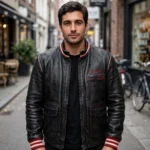 Person wearing the Lada Leather Jacket outdoors, front-facing, showing red 'lada' wordmark embroidered on the left chest