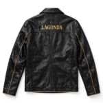 Lagonda Leather Jacket back view, black with gold trim leather, LAGONDA lettering in gold across the upper back