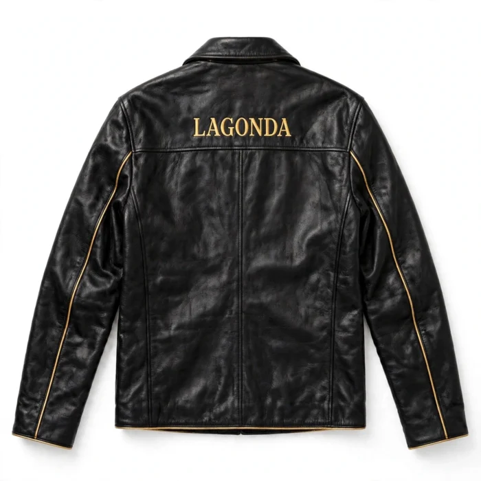 Lagonda Leather Jacket back view, black with gold trim leather, LAGONDA lettering in gold across the upper back