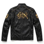 Lamborghini Leather Jacket back view — black with gold modern racer jacket with back embroidery and sponsor-style patches