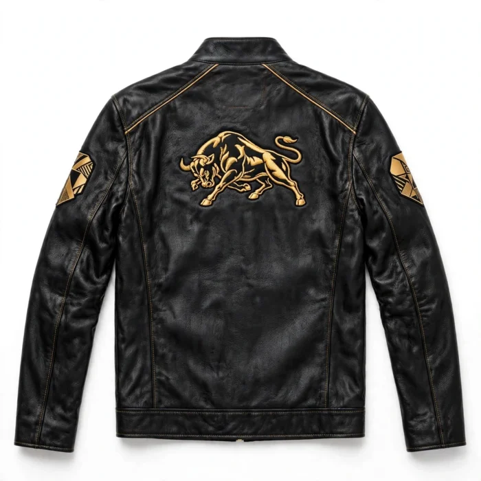 Lamborghini Leather Jacket back view — black with gold modern racer jacket with back embroidery and sponsor-style patches