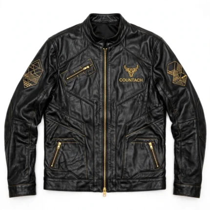 Lamborghini Countach Leather Jacket front view — black with gold wedge-style supercar jacket with chest embroidery and sponsor-style patches
