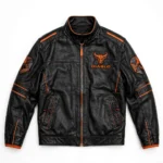 Lamborghini Diablo Leather Jacket front view — black with orange nineties supercar jacket with chest embroidery and sponsor-style patches
