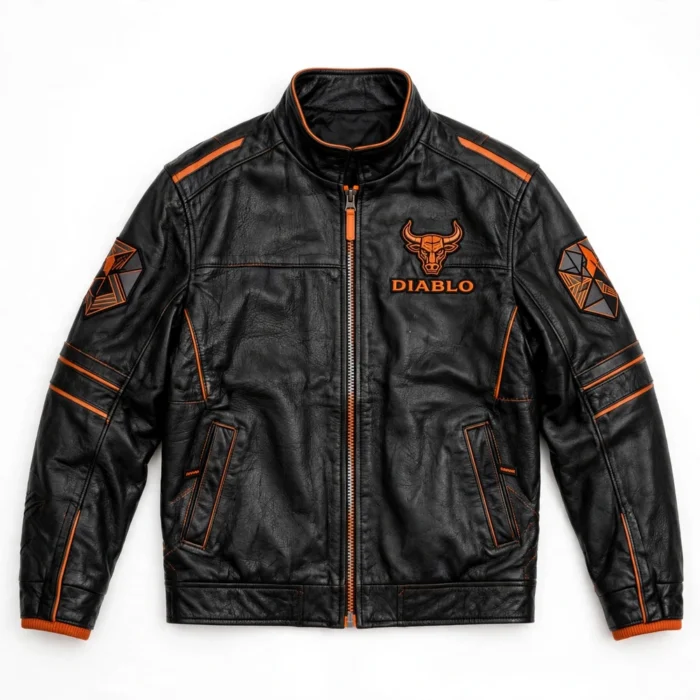 Lamborghini Diablo Leather Jacket front view — black with orange nineties supercar jacket with chest embroidery and sponsor-style patches