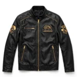 Lamborghini Leather Jacket front view — black with gold modern racer jacket with chest embroidery and sponsor-style patches