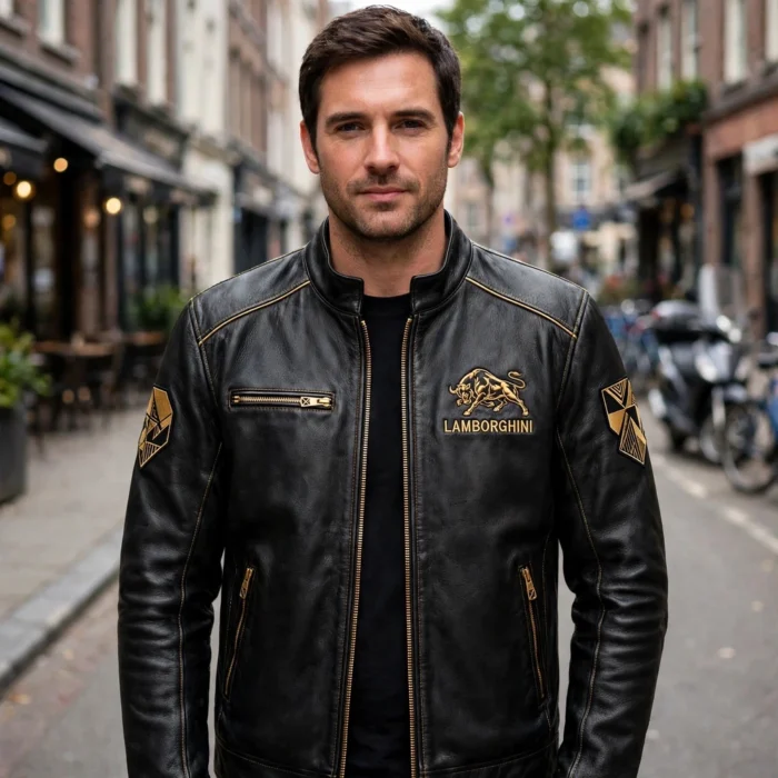 Lamborghini Leather Jacket model view — front-facing model wearing the black with gold modern racer jacket with chest embroidery