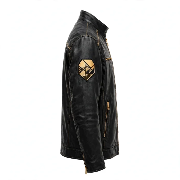 Lamborghini Leather Jacket side view — black with gold modern racer jacket with sleeve embroidery