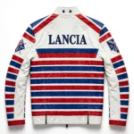 Lancia Leather Jacket back view — white with blue and red stripes rally cruiser jacket with back embroidery and sponsor-style patches